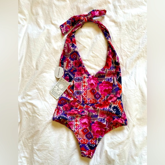 Merilee Swimwear Pink Floral One Piece Halter Neck Reversible Swimsuit NWT - Picture 1 of 7